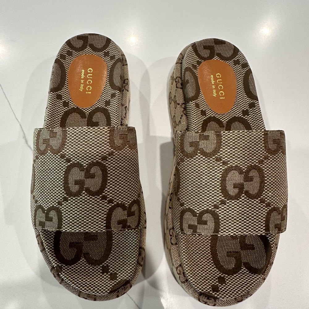 Gucci Beige Brown GG Canvas Slide Sandals - Picture 3 of 5